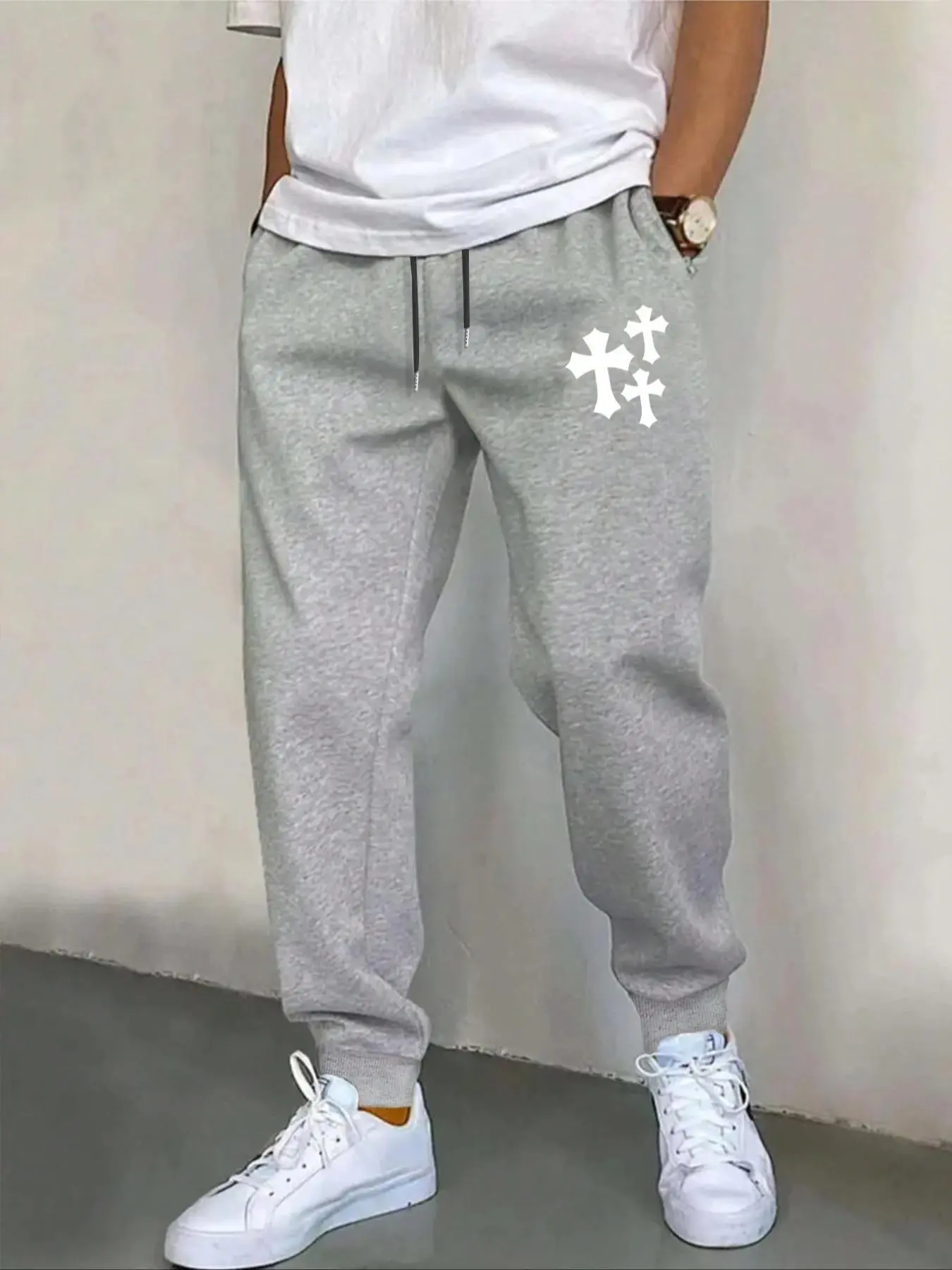 Men's Cross Print Drawstring Waist Sweatpants, Regular Fit Casual Pocket Elastic Waist Jogger Pants for Summer, Fashion Men's Bottoms for Daily Wear, Streetwear Joggers