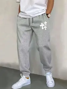 Men's Cross Print Drawstring Waist Sweatpants, Regular Fit Casual Pocket Elastic Waist Jogger Pants for Summer, Fashion Men's Bottoms for Daily Wear, Streetwear Joggers
