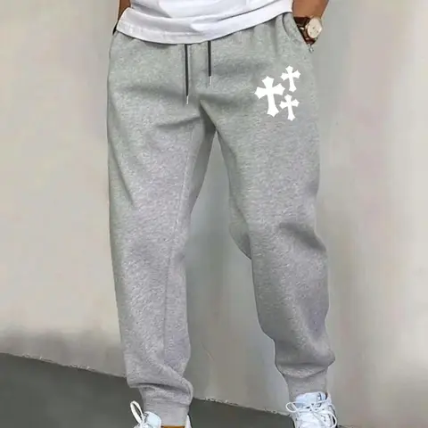 Men's Cross Print Drawstring Waist Sweatpants, Regular Fit Casual Pocket Elastic Waist Jogger Pants for Summer, Fashion Men's Bottoms for Daily Wear, Streetwear Joggers