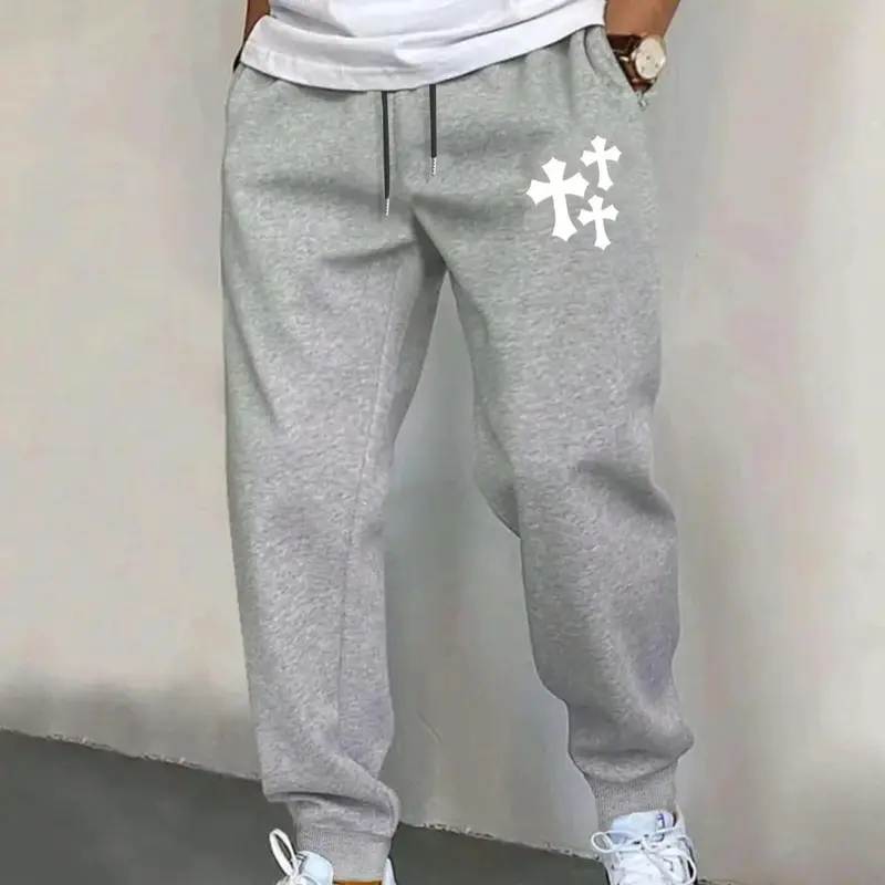 Men's Cross Print Drawstring Waist Sweatpants, Regular Fit Casual Pocket Elastic Waist Jogger Pants for Summer, Fashion Men's Bottoms for Daily Wear, Streetwear Joggers