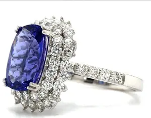 4.09 Carats Tanzanite 1.42 Carats Diamonds 18K Solid White Gold Ring with Sparkling Gemstone and Diamond Band