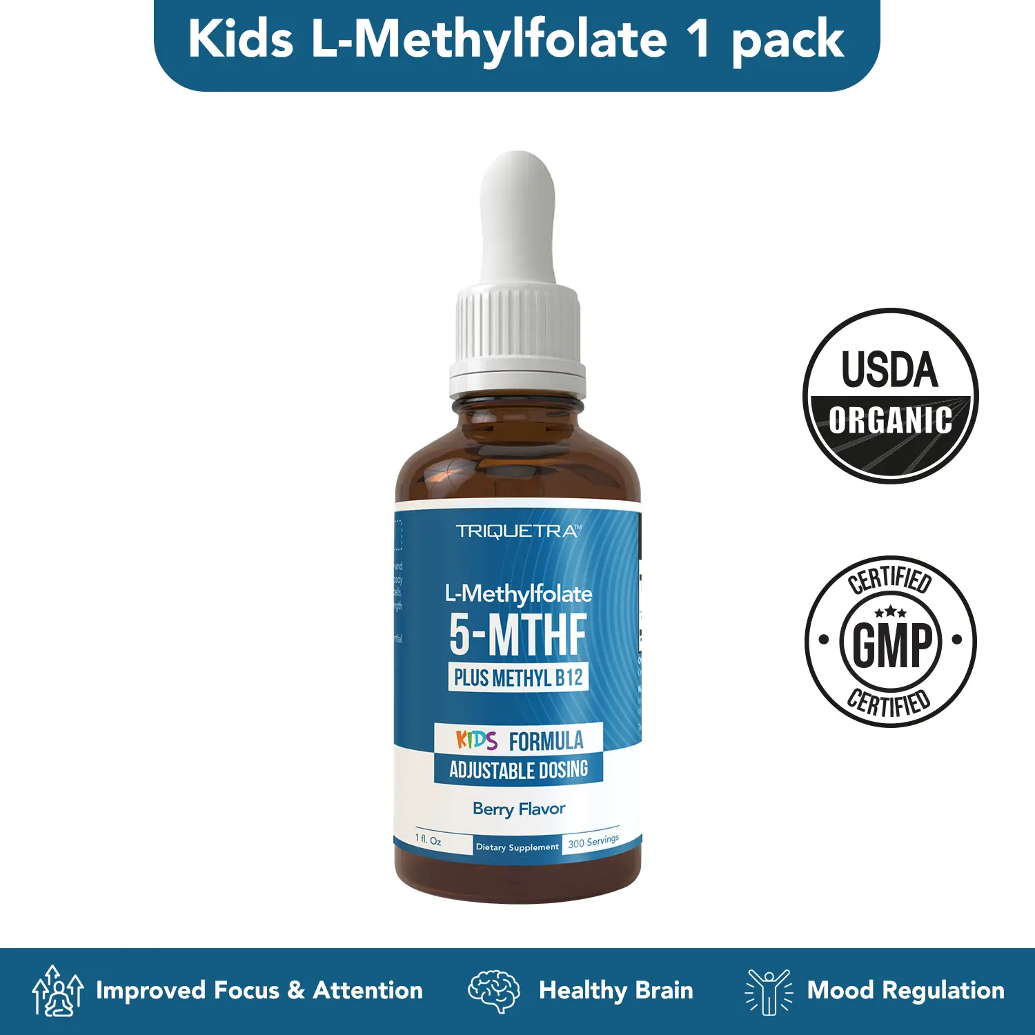 Triquetra Organic Kids Methylfolate + Methyl B12 Cofactor - Organic Berry Flavor, Liquid Form 5-MTHF Form Adjustable Dosing; Supports Mood, Behavior,