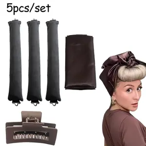 5 pieces of rubber heatless curling stick hook and scarf hair curler set, overnight hair blow stick heatless curler, soft foam curler, can create natural curl and waves, heatless curler ribbon, suitable for long hair styling, comfortable sleep curler set