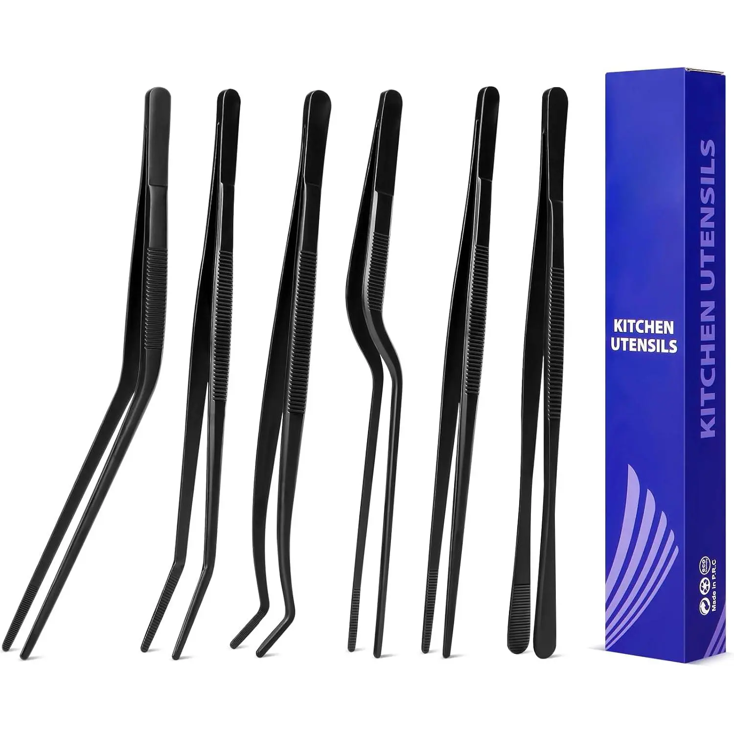 Kitchen Tweezer Tongs Set,6 Pcs Kitchen Tweezers,8" Cooking Tweezers Set,Stainless-Steel Food Chef Culinary Tweezers Tongs for Baking Decorating Feeding Plating,Black