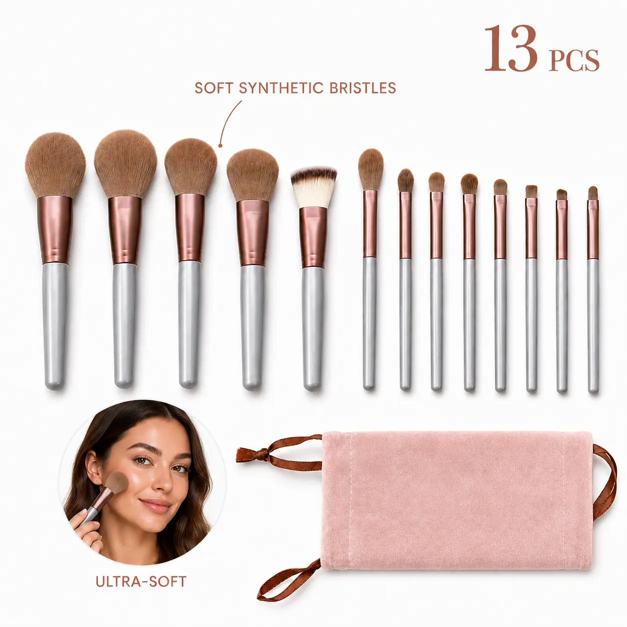 13 Pcs 4-Season Green Vegan Makeup Brush Set - Soft Bristles Portable Full Makeup Tools Kit, Eyeshadow Blush Concealer Brushes, Professional Starter Kit for Beginners & Daily GRWM Routine (Party Gift)
