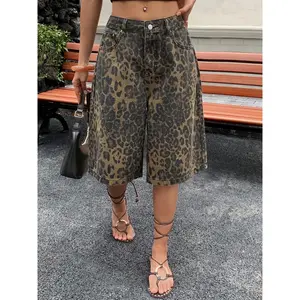 2026ss Leopard Print Casual Denim Mid-Thigh Pants Womenswear, Fashionable Single Piece, Simple Versatile Design, Washed Jeans for Everyday Wear