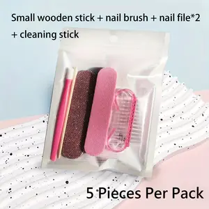 5pcs Nail Care Kit, Mini Nail File and Clipper Set, Dual-Sided Disposable Nail File, Wooden Cuticle Pusher, Nail Cleaning Tools, Nail Brush