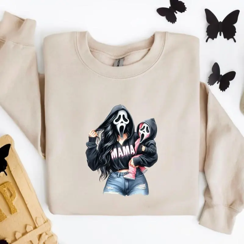 Halloween Sweatshirt – Ghostface Mom and Baby Graphic with "MAMA" Hoodie – Funny Family Costume for Spooky Season Tops Womenswear Fit