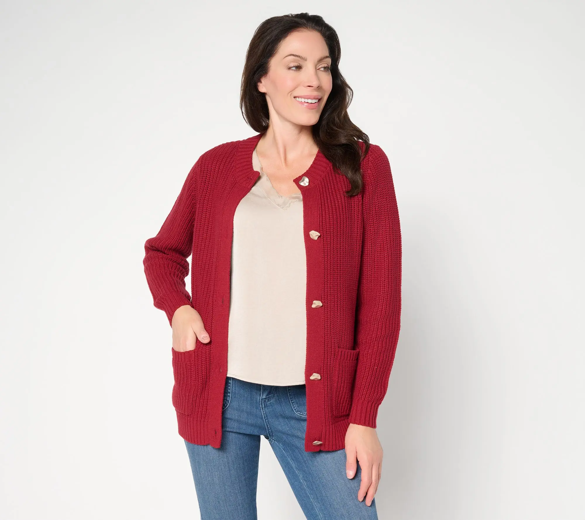 Jingle Belles by Kim Gravel Chunky Shaker Knit Gold Button Cardigan