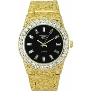 Unisex Wristwatch Iced Luxury Hip Hop Golden Nugget Bling Black Dial Wrist Metal Shiny Watch