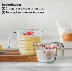 Pyrex 2 Piece Glass Measuring Cup Set, Includes 1-Cup, and 2-Cup Tempered Glass Liquid Measuring Cups, Dishwasher, Freezer, Microwave, and Preheated Oven Safe, Essential Kitchen Tools