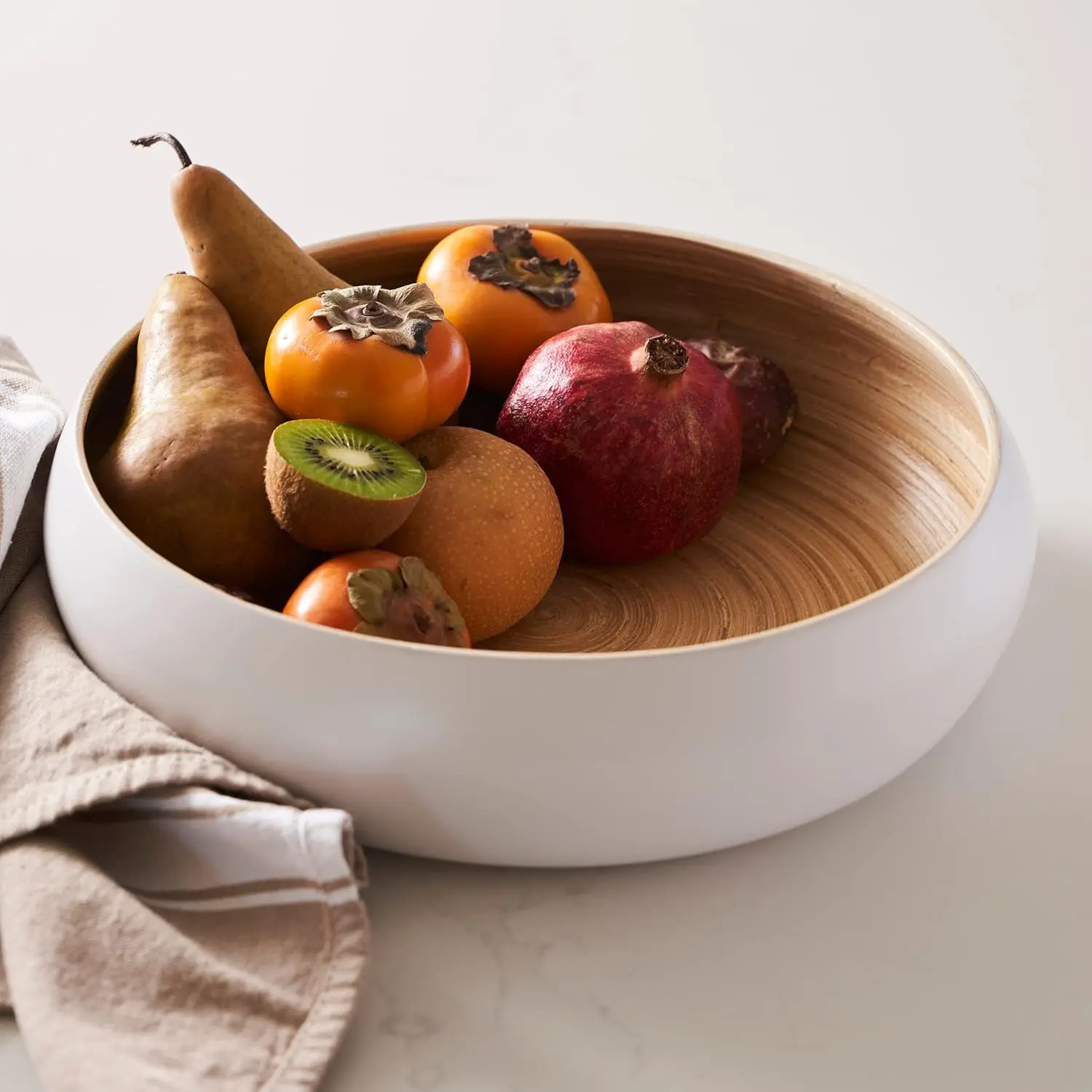 White Synthetic Spun Large 11.75in Fruit Bowl - Kitchen Countertop Serving Tableware, Decorative Storage Basket for Produce, Party Centerpiece, Entryway Organizer