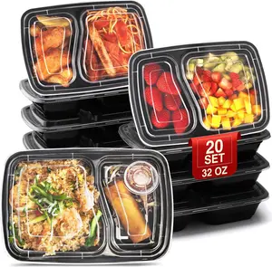 20 Sets 32 oz Meal Prep Container Reusable - Plastic-Food-Storage-Containers-with-Lids, Disposable To Go Containers, Portion Control - Microwave, Dishwasher, Freezer Safe (2 Compartment)