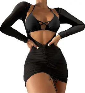 Women's Sexy 3 Piece Swimsuits Halter Triangle Bikini Sets with Long Sleeve Cover Up Drawstring Bathing Suit