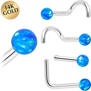 14k White Gold 2.5mm Blue Synthetic Opal Ball Nose Ring
