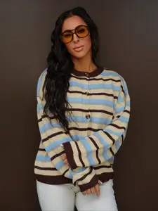 Fashionable Elegant Striped Knit Sweater, Round Neck Button-Down Drop Shoulder Cardigan, Casual All Seasons Wear, Essential Daily Commute Top, Knitwear