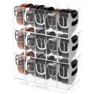 3 Pack Clear Stackable Acrylic Belt Organizer, 5 Compartments with Removable Dividers, Purse Storage Holder for Closet, Display Organizer for Ties Socks Underwear Pantry Cabinet