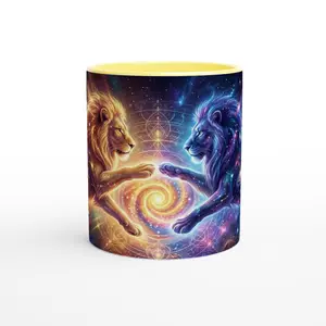 Cosmic Lions Zodiac Art 11oz Ceramic Mug – White with Yellow Interior for Astrology Lovers
