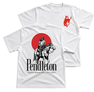 Pendleton Cowboy Western T-Shirt, Original Western Wear Graphic Tee With Horse Rider Back Print, Red Sun Cowboy Shirt, Front Chest Bucking Horse Logo, Vintage Rodeo Apparel Gift for Men and Women