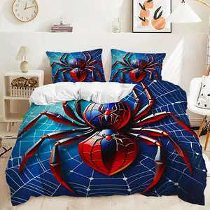 2/3Pcs Whimsical Spider Web Decorative Duvet Cover Set, Vibrant Red and Blue Cartoon Bedding Set, Ultra Soft and Cozy with Unique Design, Perfect for Fun Bedroom Decor and Spider Lovers!Includes 1 or 2 Pillowcase - No filling/Zipper Closure