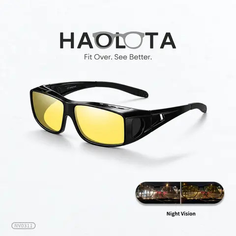 HAOLOTA Night Vision Driving Glasses Fit Over Existing Eyewear Anti-Glare Polarized Yellow Lens Unisex Design for Men Women Enhance Night Drive Safety