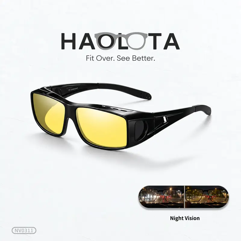 HAOLOTA Night Vision Driving Glasses Fit Over Existing Eyewear Anti-Glare Polarized Yellow Lens Unisex Design for Men Women Enhance Night Drive Safety