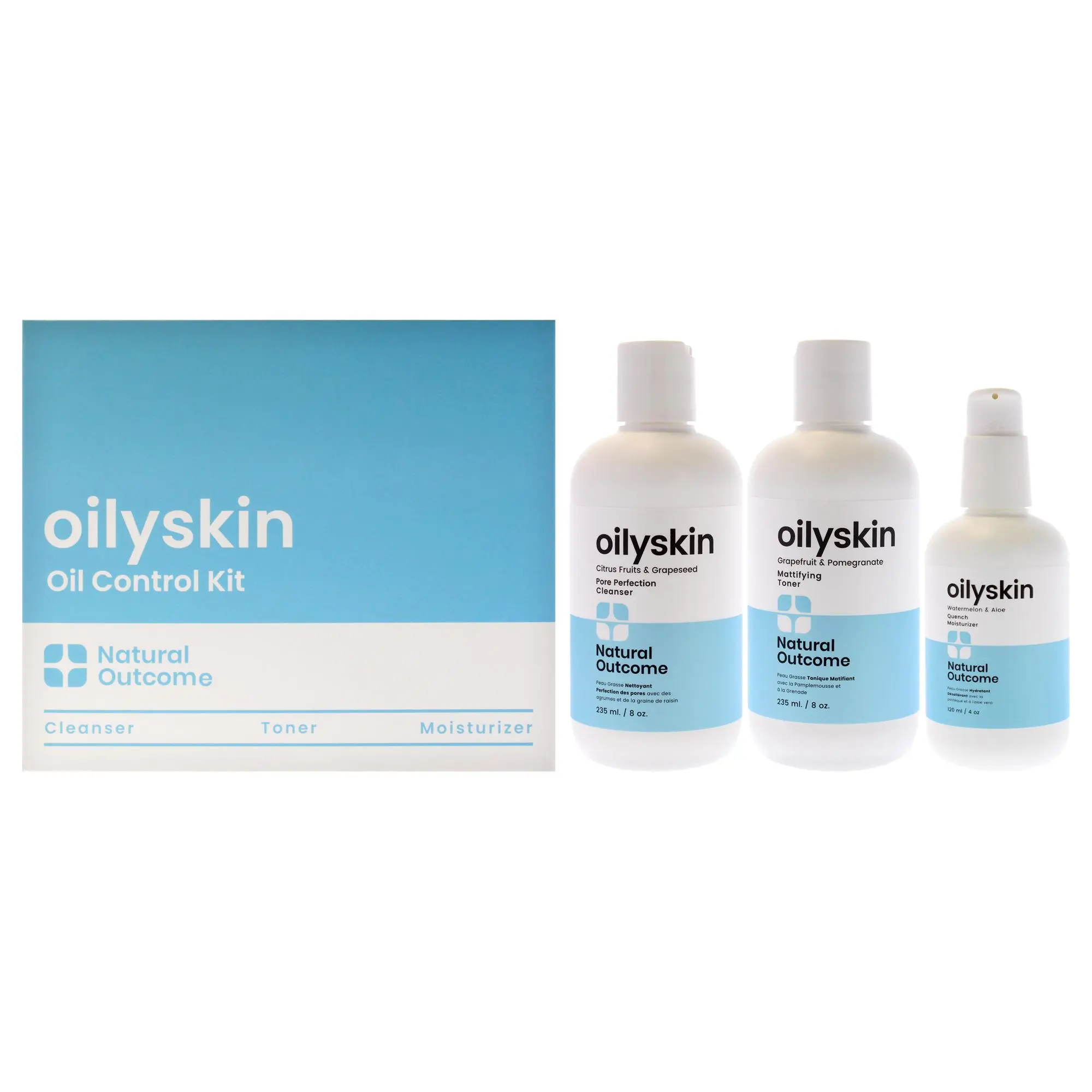 Oilyskin Oil Control Kit by Natural Outcome for Women - 3 Pc 8oz Oilyskin Mattifying Toner, 8oz Oilyskin Pore Perfection Cleanser, 4oz Oilyskin Quench Moisturizer