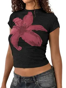 Women's Floral Print Round Neck Tee, Casual Short Sleeve Crew Neck T-Shirt for Summer, Fashion Women's Top for Daily Wear