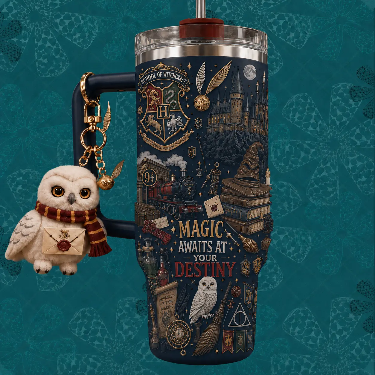Magic Awaits 40oz Tumbler, Wizard School Inspired Insulated Travel Cup, Dark Academia Fantasy Magic Mug with Handle & Straw, Owl Lover Gift