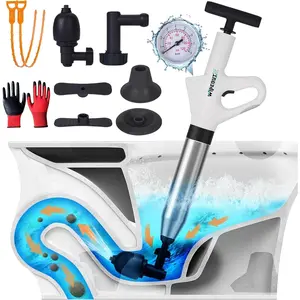 High-Pressure Toilet Plunger with Pressure Gauge, Manual Air Drain Blaster with 4 Attachments, 2 Hair Clog Removers and Reusable Gloves, Unclogs Toilet Sink Shower Bathroom Drains