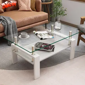 Glass Coffee Table Rectangle Living Room Center Table, with Transparent Tempered Glass Tabletop and White MDF Layer, for Living Room and Office, Transparent +White