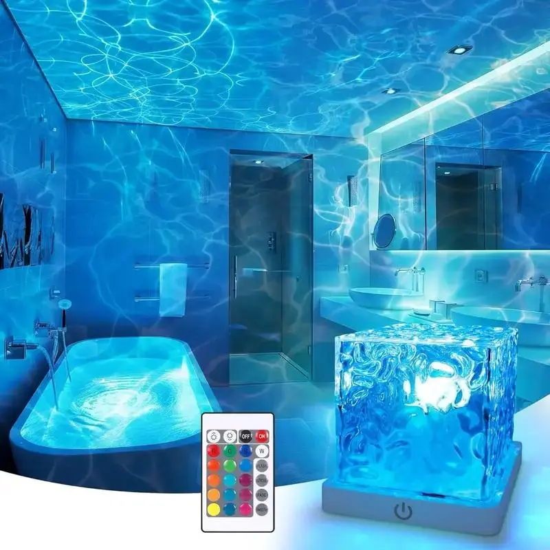 Rechargeable Shower Light, Waterproof Shower Lamp with Remote, 16 Color Changeable Ocean Wave Projector Light, Dimmable Rotating Flame Water Ripple Lamp, No Wiring for Shower, Bathroom & Bedroom Decor