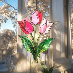 Pink Tulip Bouquet Suncatcher - ACRYLIC Faux Stained Glass Window Hanging