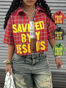 Women's Vintage Casual Plaid Button Front Shirt, Blouse, Top, Letter Print, Short Sleeve, Fitted, Lightweight Breathable Fabric, All Seasons, Womenswear