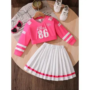 Girls' Rose Letter Print V-Neck Long Sleeve Top & Elastic Waist Pleated Skirt Set, Skirts Sets, Fashionable Casual for Kids