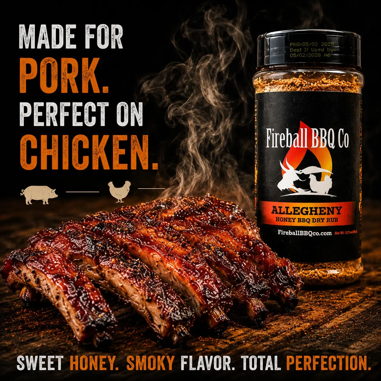 Fireball BBQ Co - Allegheny Honey Barbecue Dry Rub, All Ages Spice Blend with Garlic, Black Pepper for Grilling & Cooking