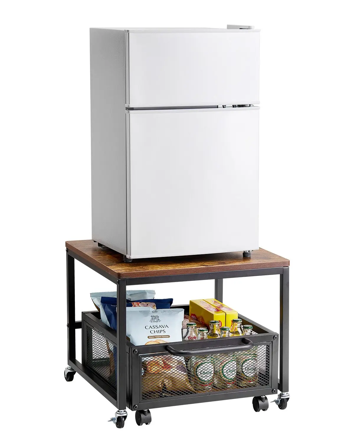 【summerfinds】VEVOR Wooden Minifridge Stand, 198lbs Capacity Lightweight Household Movable Cart with Racks, Swivel Wheels, Shelf, Drawer, Organiser for Kitchen Storage, Home Office