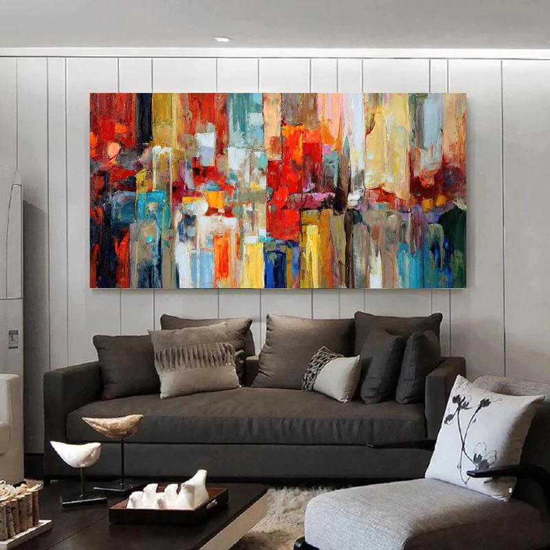 Abstract Colorful City Pattern Unframed Painting, Modern Canvas Wall Art, Wall Decor for Home Living Room Bedroom Office, Ornaments