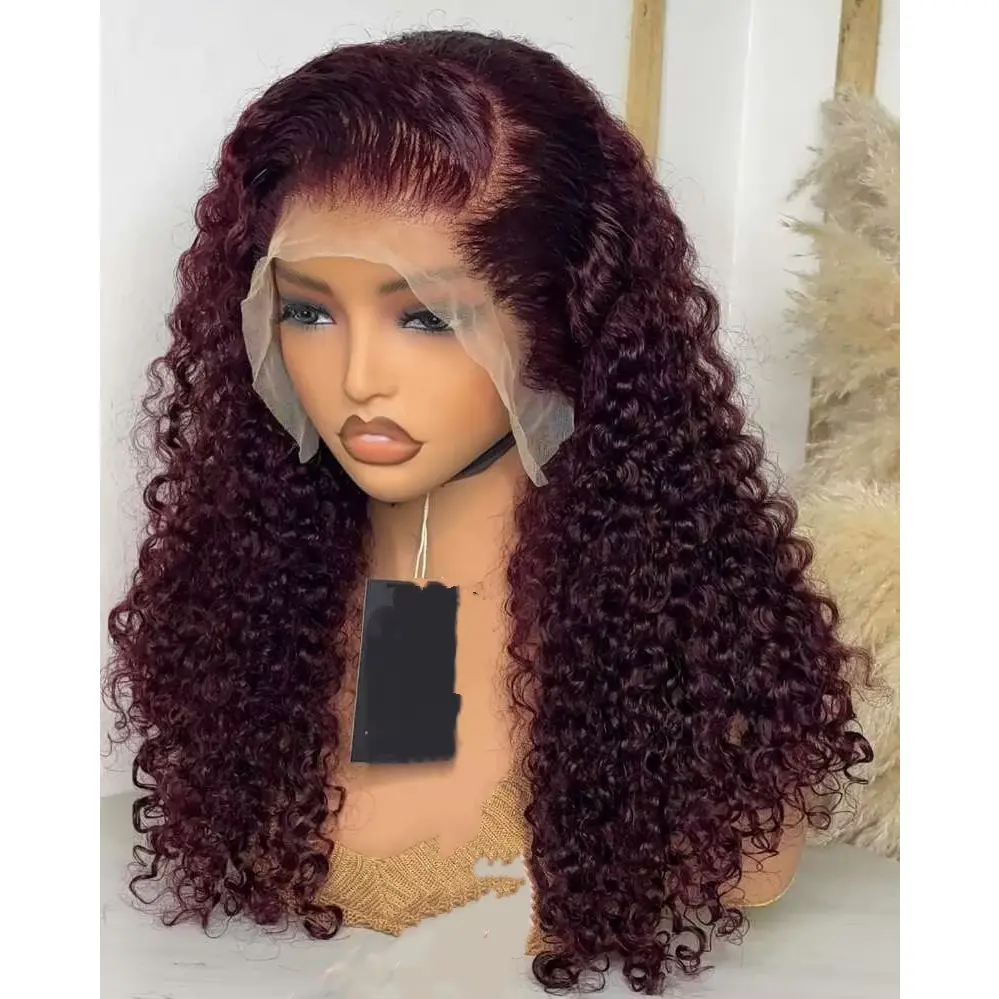 Water Wave Short Bob Cut 99J Red Burgundy Color 13X4 Lace Front Synthetic Wig for Black Women Prepluck Hairline Cosplay Daily Does not apply