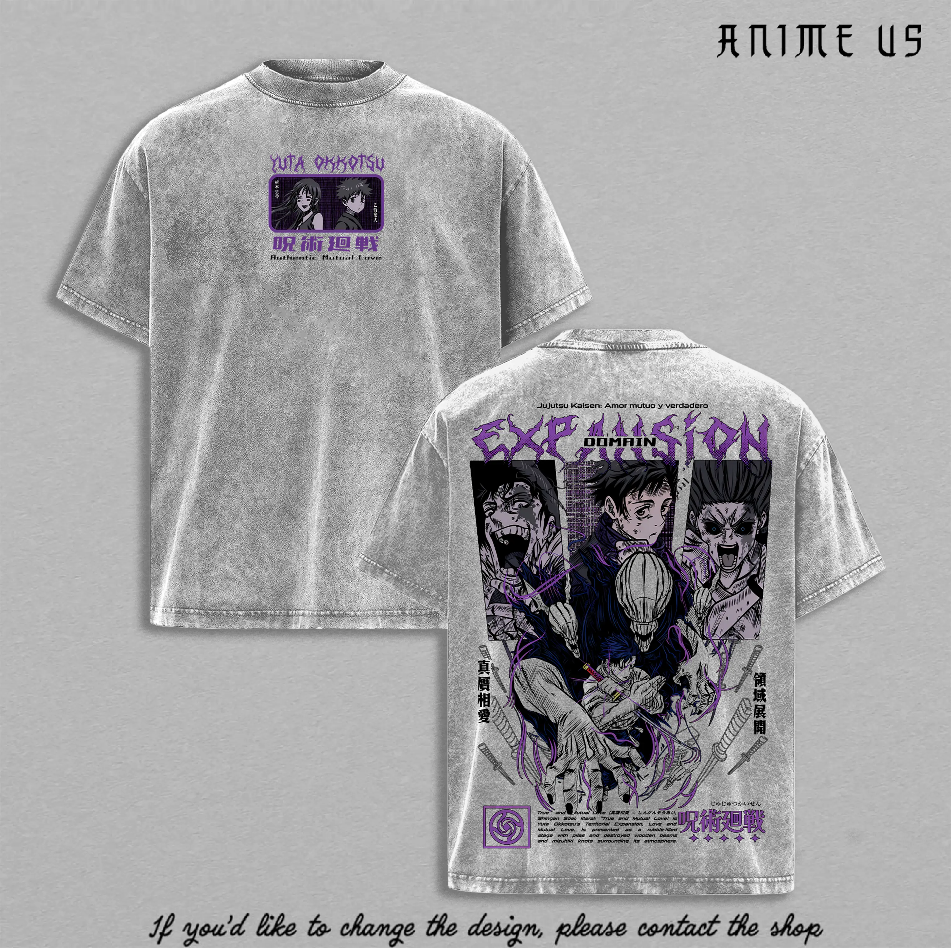Yuta Okkotsu Rika Jujutsu Kaisen Anime Shirt Vintage Washed Oversized Tee Purple Graphic Back Print Heavy Cotton Streetwear Manga Tee Gift for Anime Fans