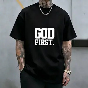 Men's Christian Oversized Black Fashion Quote Tee - "God First" Bold White Print, Round Neck, Shortsleeve Tshirt, Stylish Religious Streetwear Casual Outdoor Menswear Top