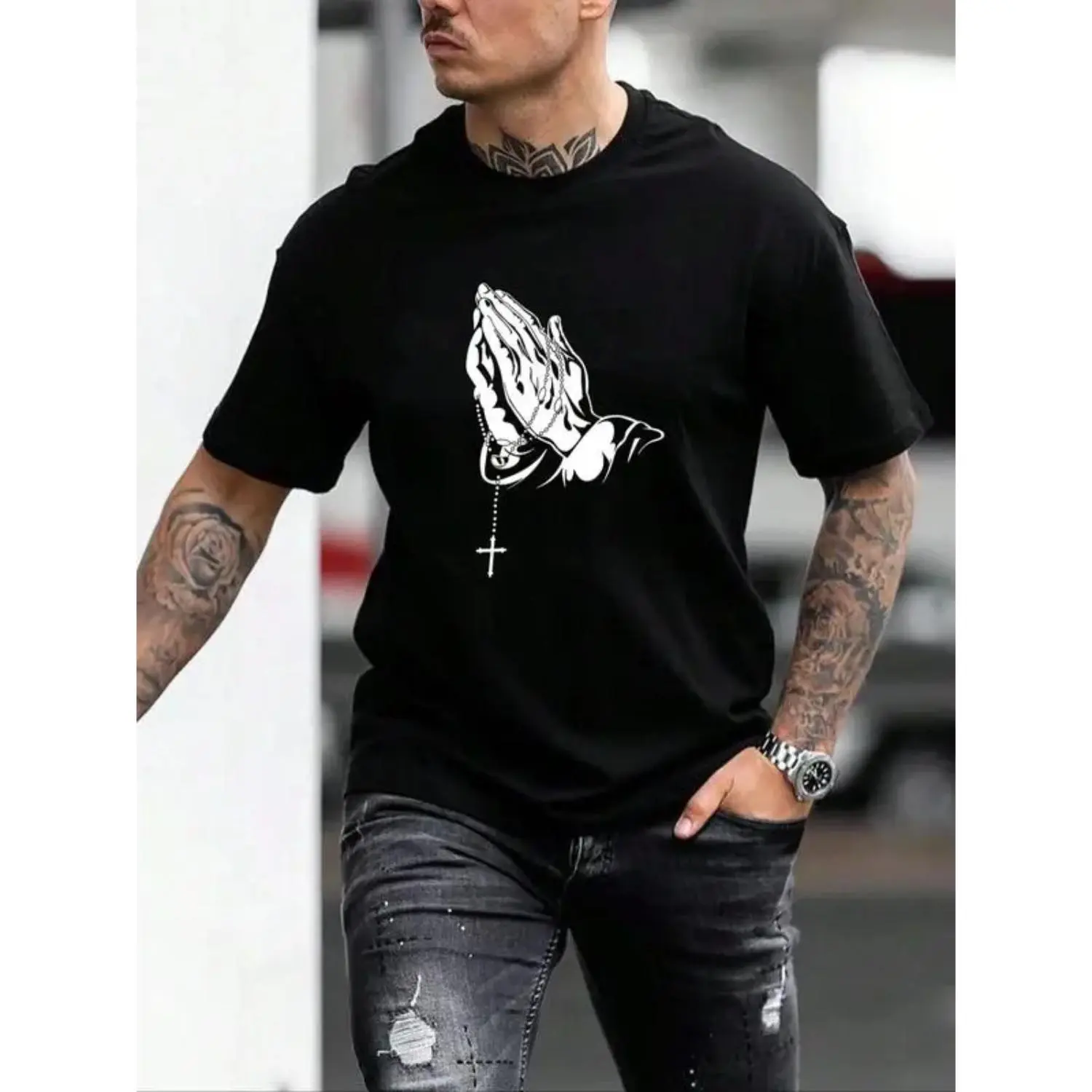 Men's Hands Graphic Round Neck Drop Shoulder Tee, Prayer Gesture & Cross Print T-shirt, Summer Clothes Streetwear Regular Fit Short Sleeve T-shirt, Men's T Shirts,, Menswear Tshirt top crewneckT tshirt