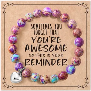 Unisex 4pc Natural Stone Beaded Word Bracelet Set - Heart Shaped Charm, Greeting Card, Inspirational Message, Jewelry for Daily Wear & Key Occasions, Heart Shaped Bracelet