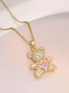 Adorable Bear Copper Zircon Pendant Necklace, Elegant Women's Jewelry, Birthday Gift, Christmas Present, Valentine's Day Gift, Heart Shaped Pendant, Heart Cubic Zirconia, Cute Necklace
