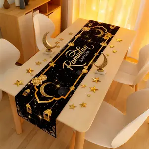 1 piece of black and gold Ramadan blessing table flag, 180*35 cm polyester tablecloth, star and moon lantern pattern tableoth, Ramadan noble team supplies, Ramadan blessing decorations, family Ramadan decorations, Islamic Muslim gathering decorations, Eid
