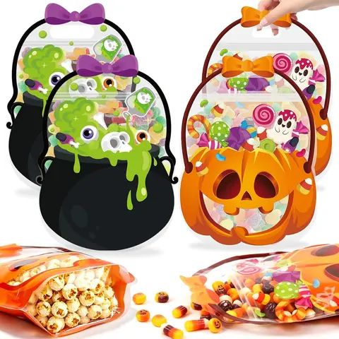 PSELL Halloween Plastic Goody Bags - 8/24/48 Pcs Trick-or-Treat Gift Bags Bulk with Skeleton Pumpkin Design, Party Favor Packs for Classroom Snack Storage, Halloween Party Supplies