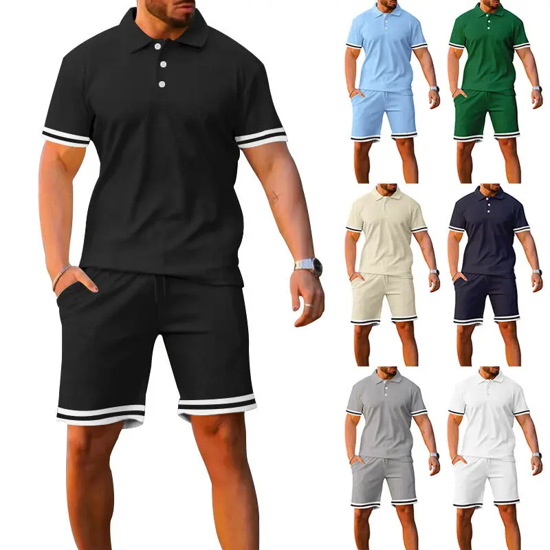Men's 2-Piece Asian Fashion Activewear Set - Short Sleeve Polo Shirt, Khaki Shorts, Casual Athletic Menswear Outfit