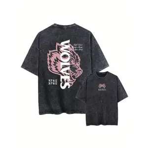 Men’s Vintage Washed Wolves Graphic T-Shirt, Short Sleeve Round Neck Tee, Cotton Blend Casual Summer Top, Wolf Head Design, Gym & Fitness Streetwear, Soft Comfortable Workout Shirt, Unisex Everyday Outfit, Trendy Vintage Style Tee