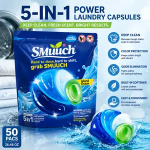 5-in-1 laundry detergent pods, 50 pieces, long-lasting fragrance, antibacterial and mite removal, powerful stain removal, ocean scent clothing cleaner