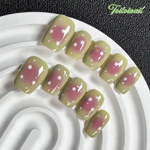 Moss Blush Handmade Press-On Nails | Short Square Shape, 10pcs | Matcha Green Pink Purple Gradient White Dots | Summer Soft Girl Aesthetic | For Daily, Office, Picnic, School, Vacation, OOTD | High Gloss, Long Lasting, Reusable, Handmade DIY Nail Art